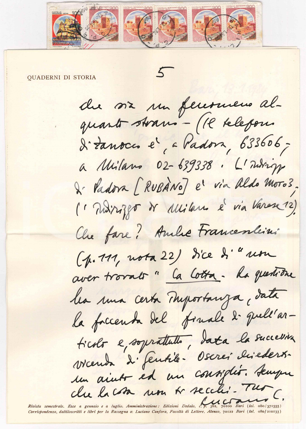 Autografo originale 1984 BARI Lettera Luciano CANFORA su Giovanni ZANOCCO AUTOGRAFO 1