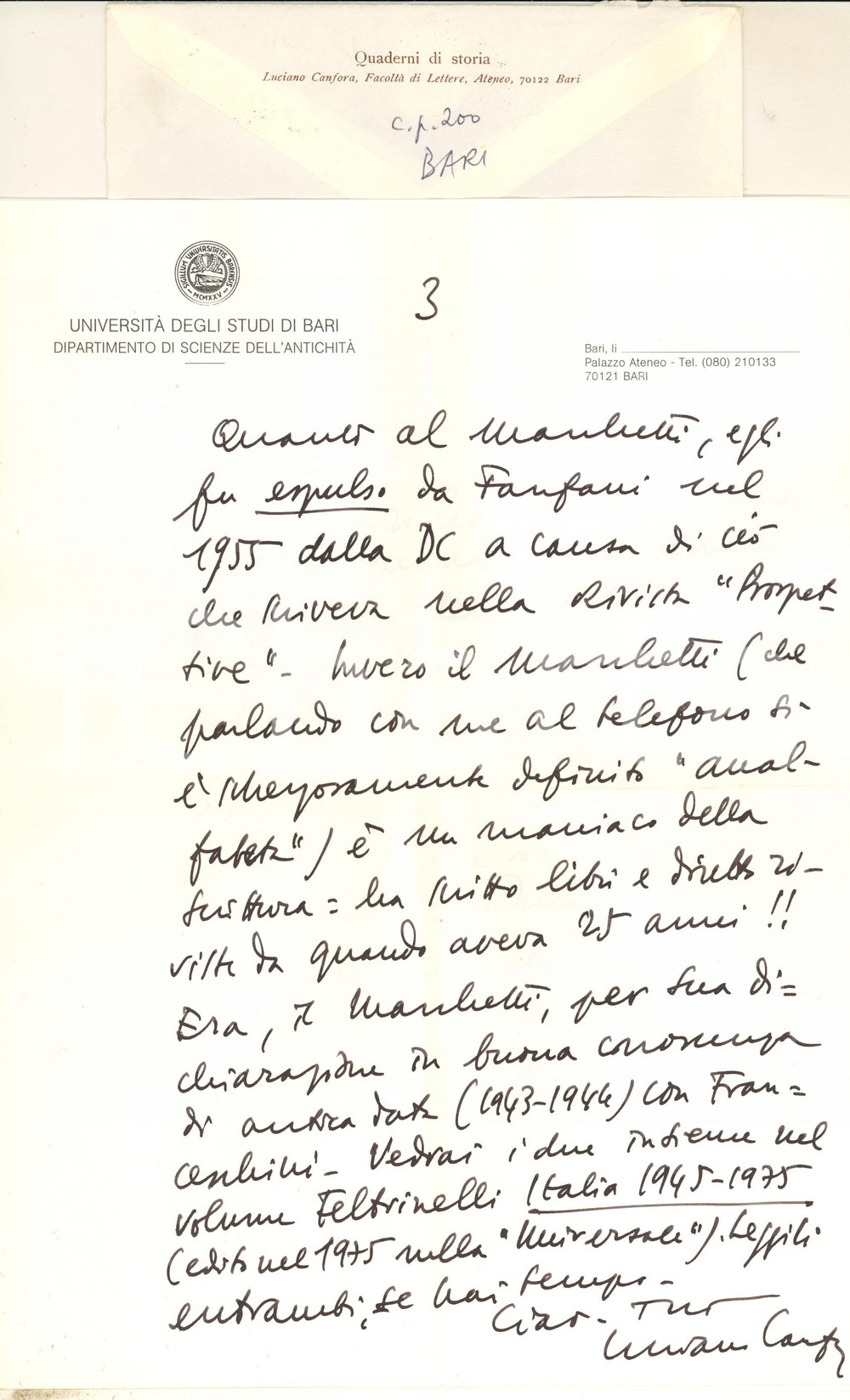 Autografo originale 1983 BARI Luciano CANFORA su Ezio FRANCESCHINI e Aristide Marchetti Autografo 1