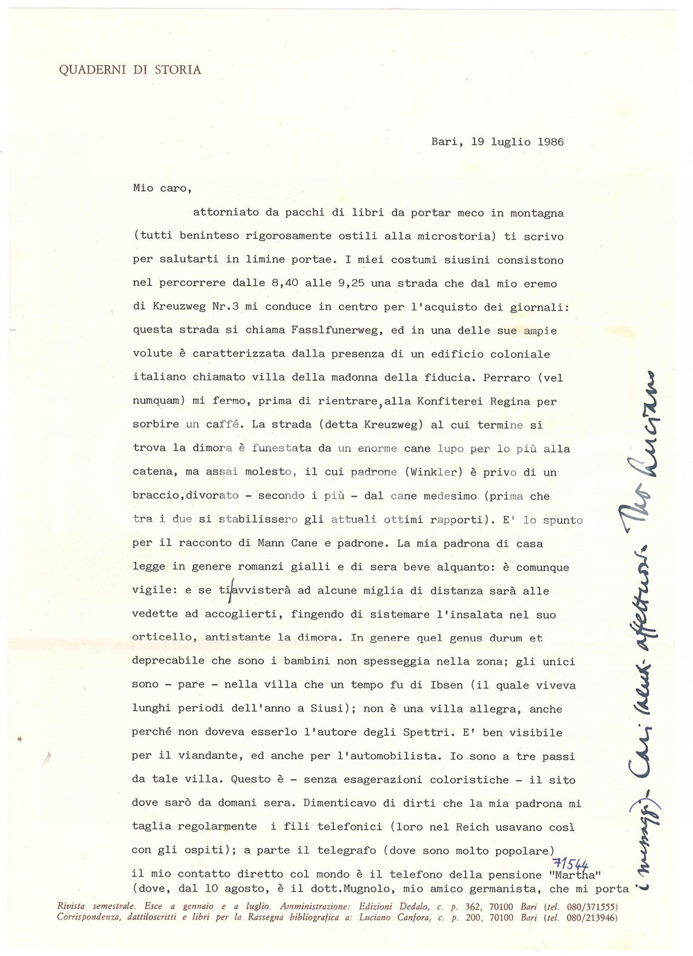 Autografo originale 1986 BARI Luciano CANFORA e la tristezza della villa di Ibsen Autografo 1