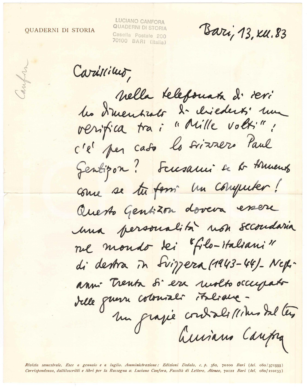 Autografo originale 1983 BARI Lettera Luciano CANFORA  Ricerche su Paul Gentizon AUTOGRAFO 1