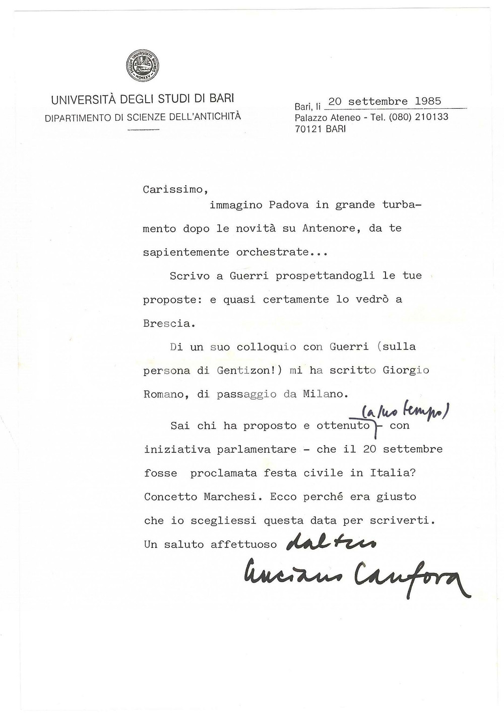 Autografo originale 1985 BARI Lettera Luciano CANFORA  Proposte a Giordano Bruno Guerri Autografo 1