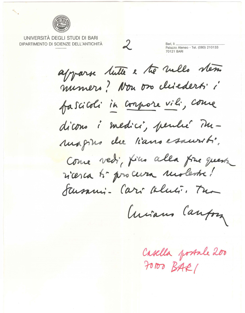 1984 BARI Luciano CANFORA chiede bibliografia a un collega *Autografo