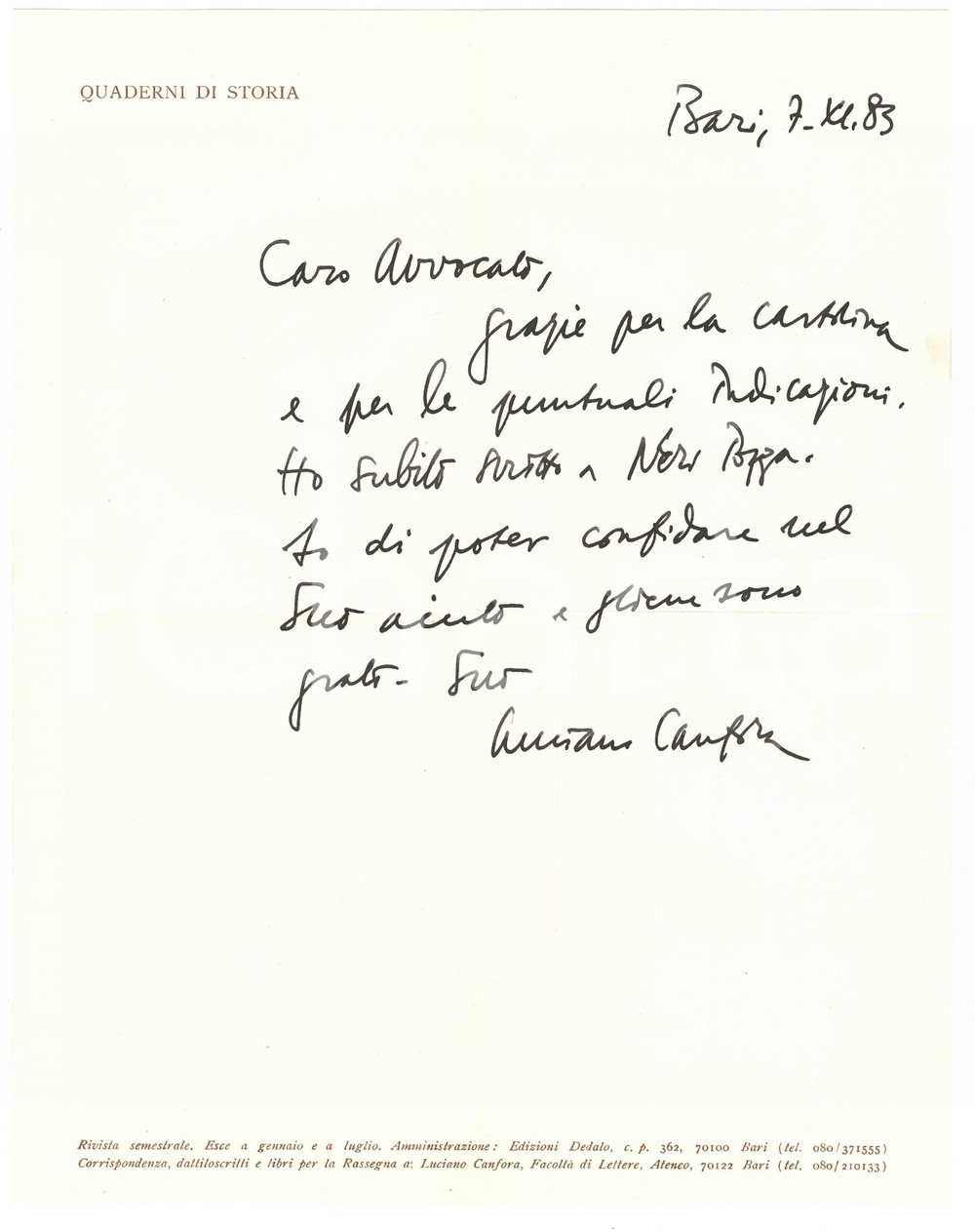 Autografo originale 1983 BARI Lettera Luciano CANFORA  Ringraziamento a un amico Autografo 1