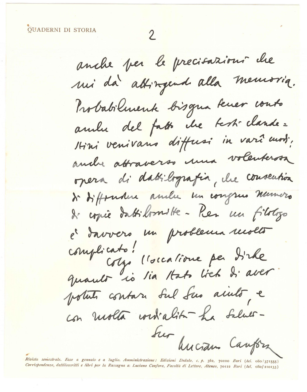 Autografo originale 1983 BARI Lettera Luciano CANFORA sul discorso di Concetto Marchesi  Autografo 1
