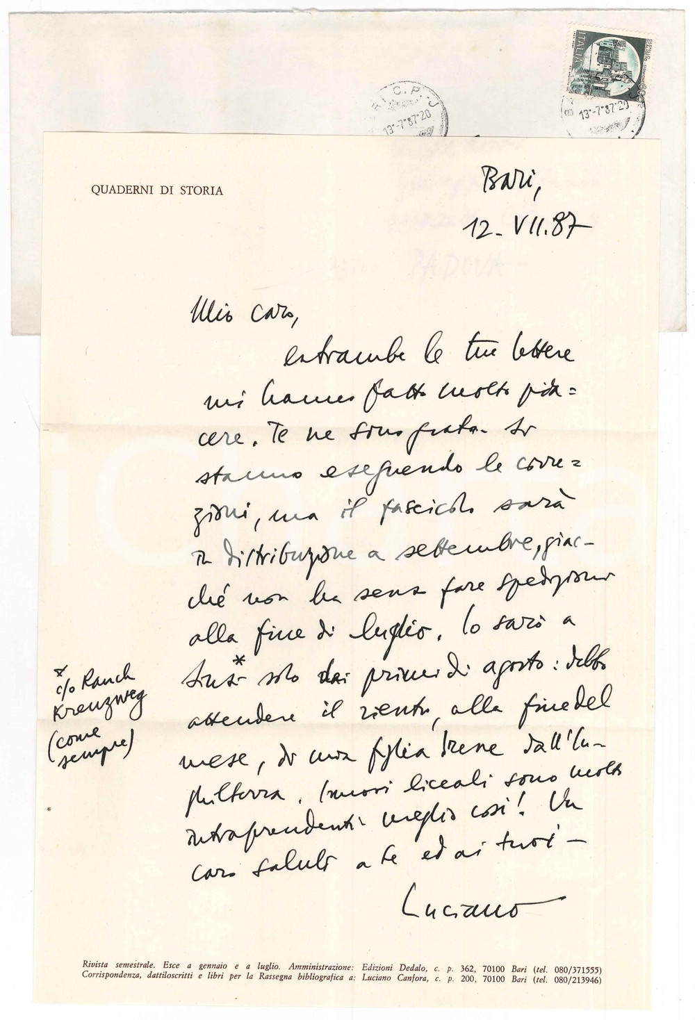Autografo originale 1987 BARI Lettera Luciano CANFORA sulla chiusura di un lavoro AUTOGRAFO 1