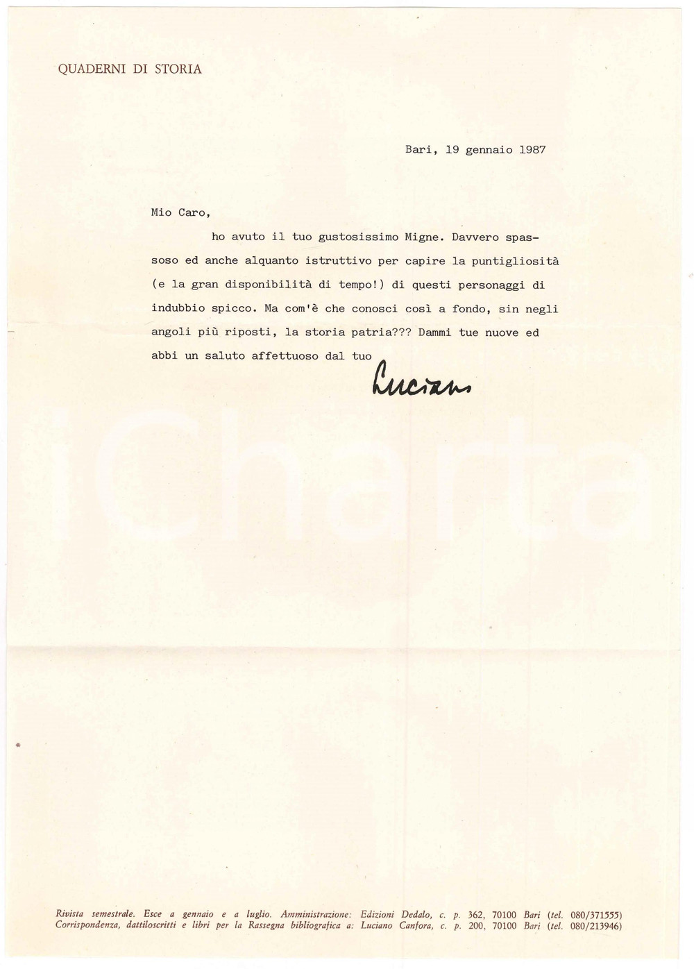 Autografo originale 1987 BARI Luciano CANFORA ringrazia un amico per il libro ricevuto Autografo 1