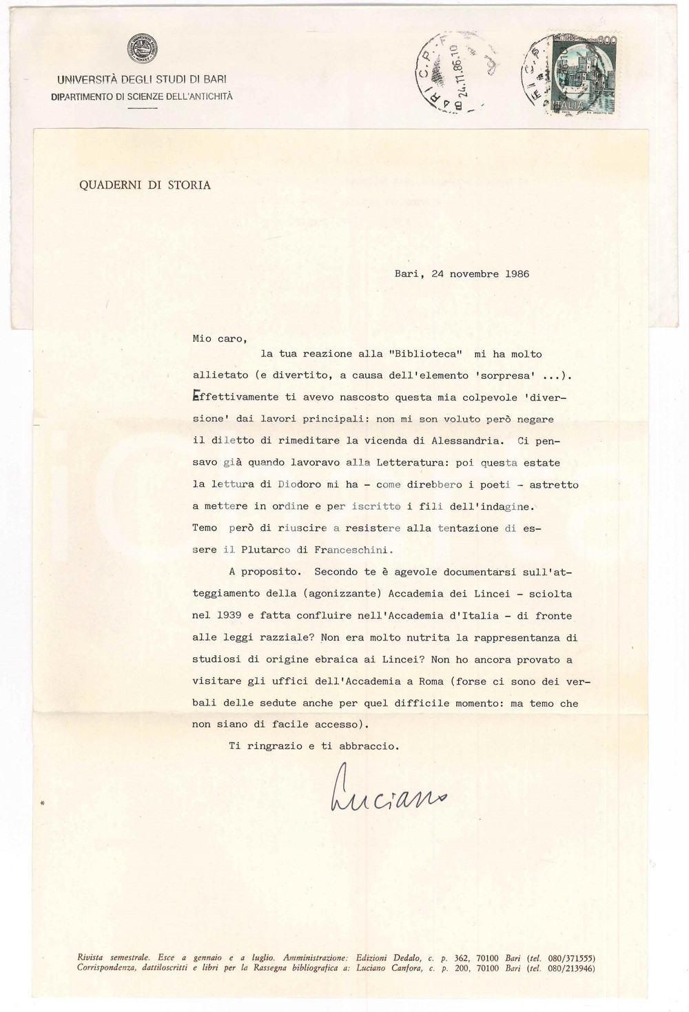 Autografo originale 1986 BARI Luciano CANFORA  Accademia dei Lincei e leggi razziali Autografo 1