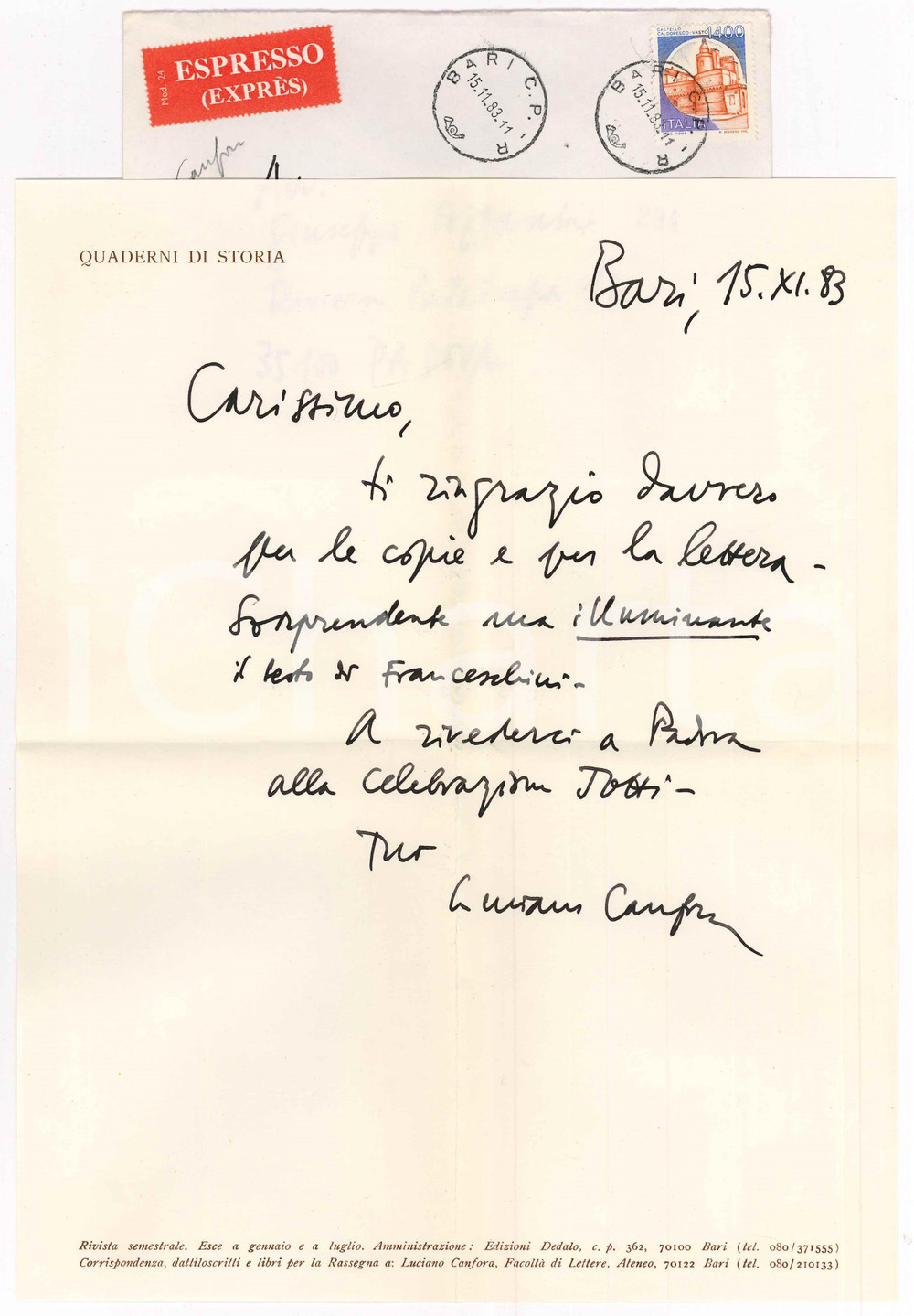 Autografo originale 1983 BARI Lettera Luciano CANFORA  Ringraziamenti a un amico AUTOGRAFO 1