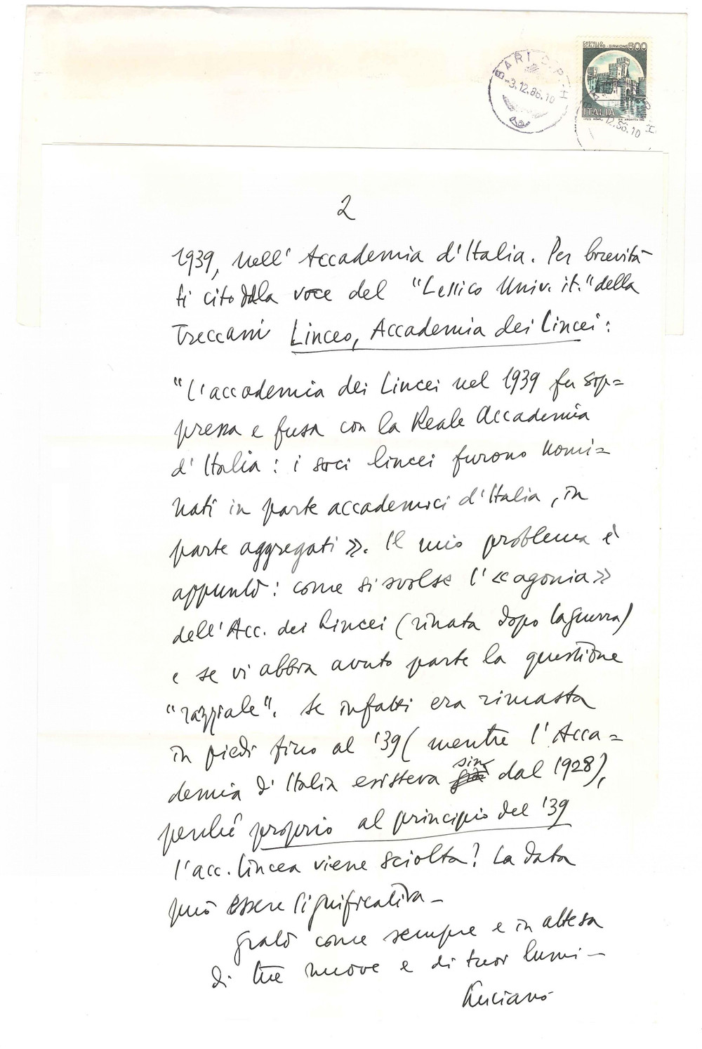 Autografo originale 1986 BARI Luciano CANFORA e l agonia dell Accademia dei Lincei AUTOGRAFO 1