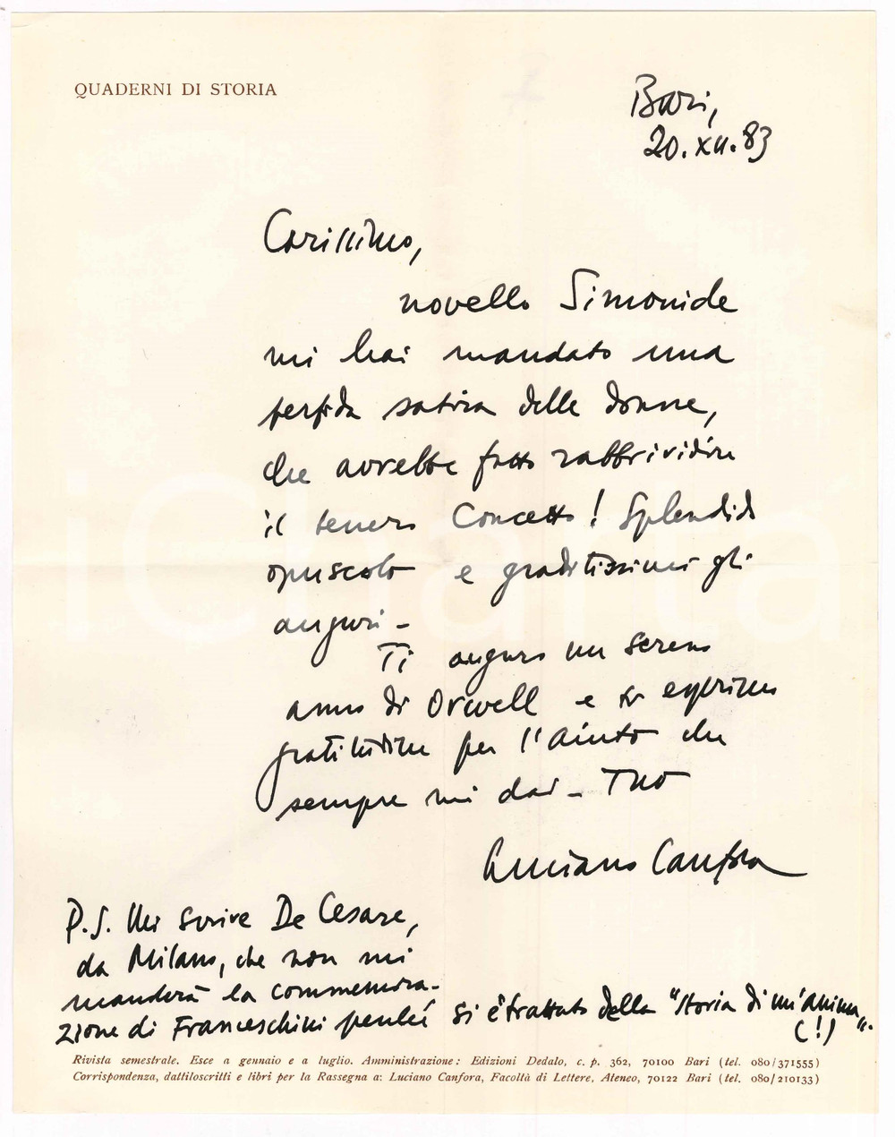Autografo originale 1983 BARI Lettera Luciano CANFORA  Auguri a un amico AUTOGRAFO 1