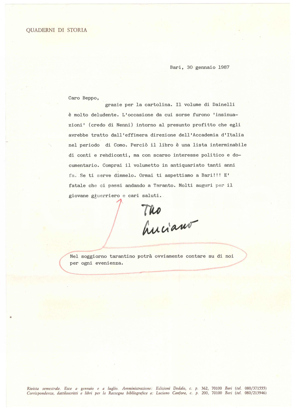 1987 BARI Luciano CANFORA su un libro di Giotto Dainelli "deludente" *Autografo