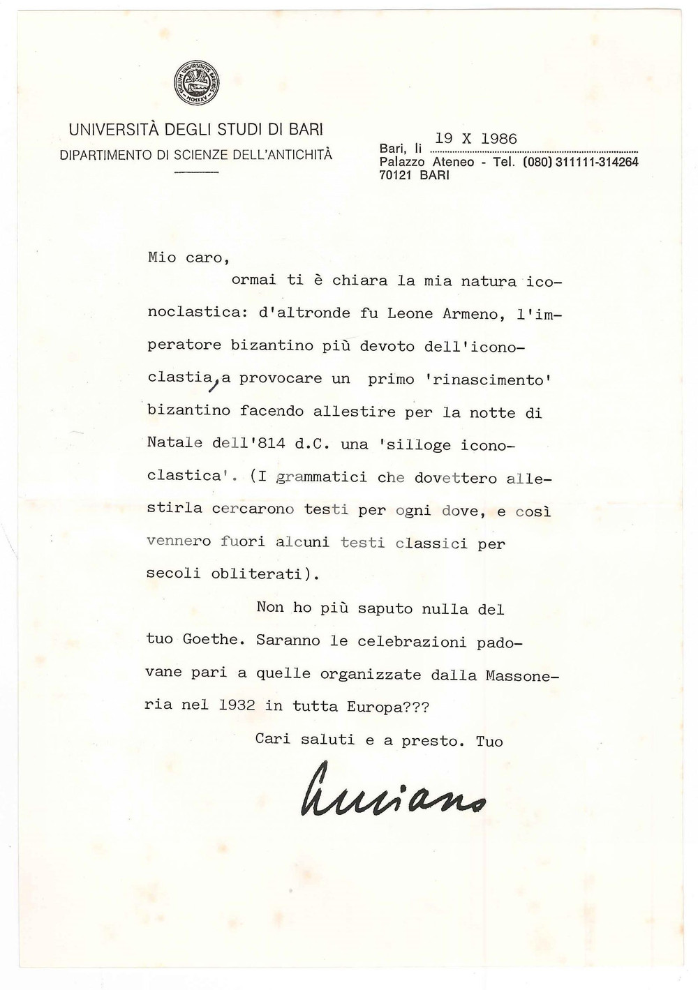 Autografo originale 1986 BARI Lettera Luciano CANFORA La mia natura iconoclasticaAutografo 1