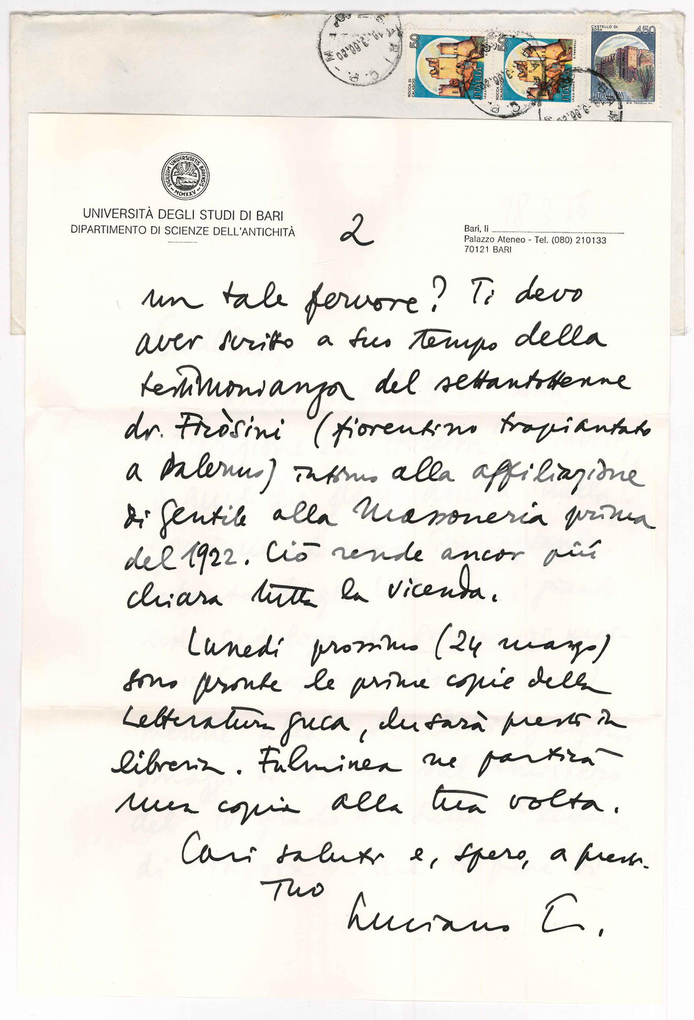 1986 BARI Luciano CANFORA e i lavori sulla massoneria *Autografo