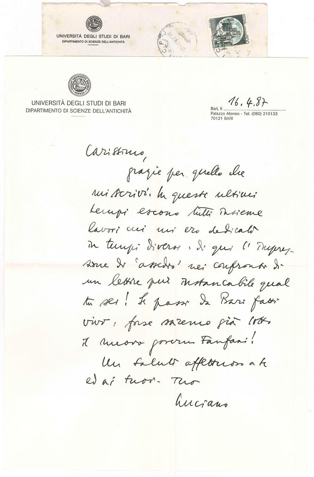 Autografo originale 1987 BARI Luciano CANFORA ringrazia per le recensioni ricevute Autografo 1