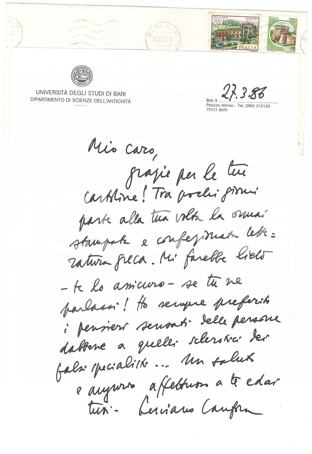 Autografo originale 1986 BARI Luciano CANFORA chiede recensione a un collega Autografo 1
