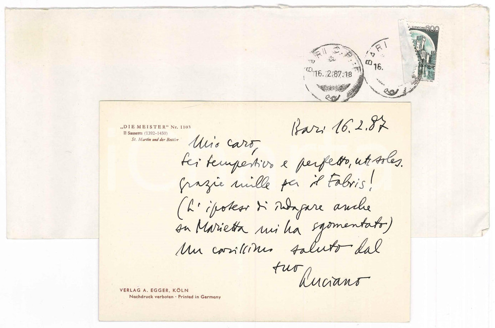 Autografo originale 1987 BARI Cartolina Luciano CANFORA  Ringraziamento  Autografo 1