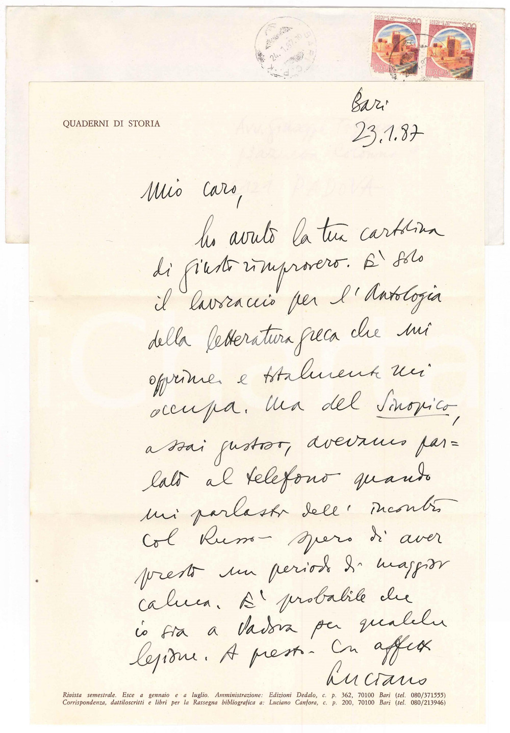 Autografo originale 1987 BARI Luciano CANFORA al lavoro su antologia letteratura greca AUTOGRAFO 1