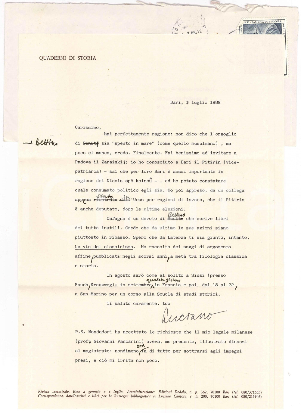 Autografo originale 1989 BARI Lettera Luciano CANFORA  Orgoglio di Craxi spento in mare Autografo 1