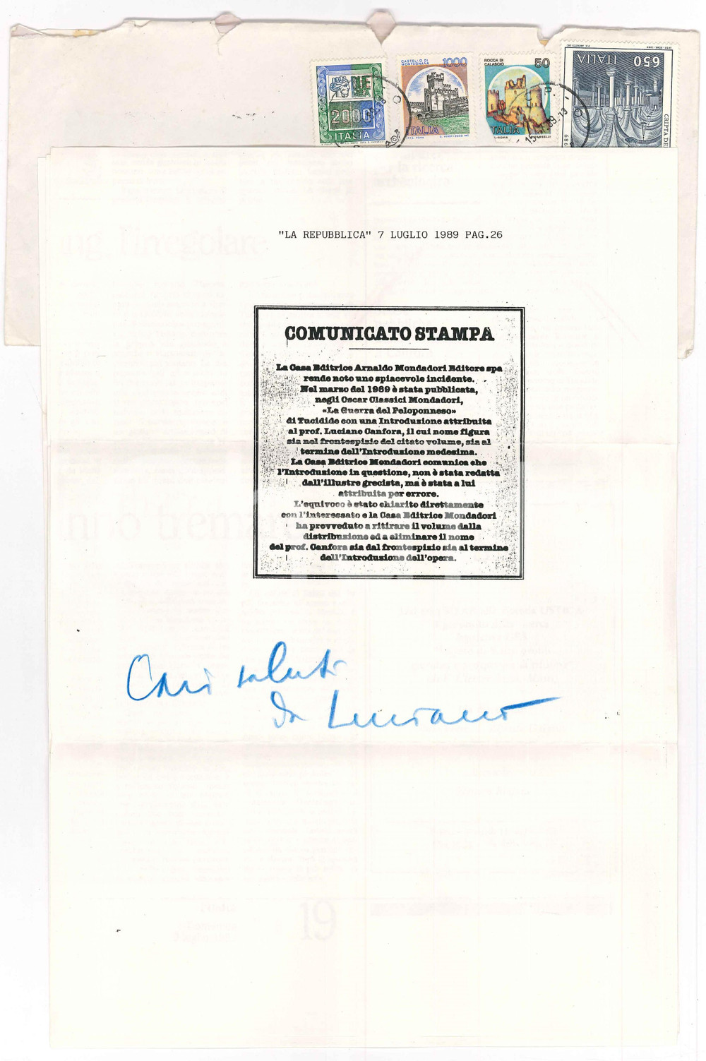 Autografo originale 1989 BARI Luciano CANFORA  Rassegna stampa sul caso MONDADORI Autografo 1