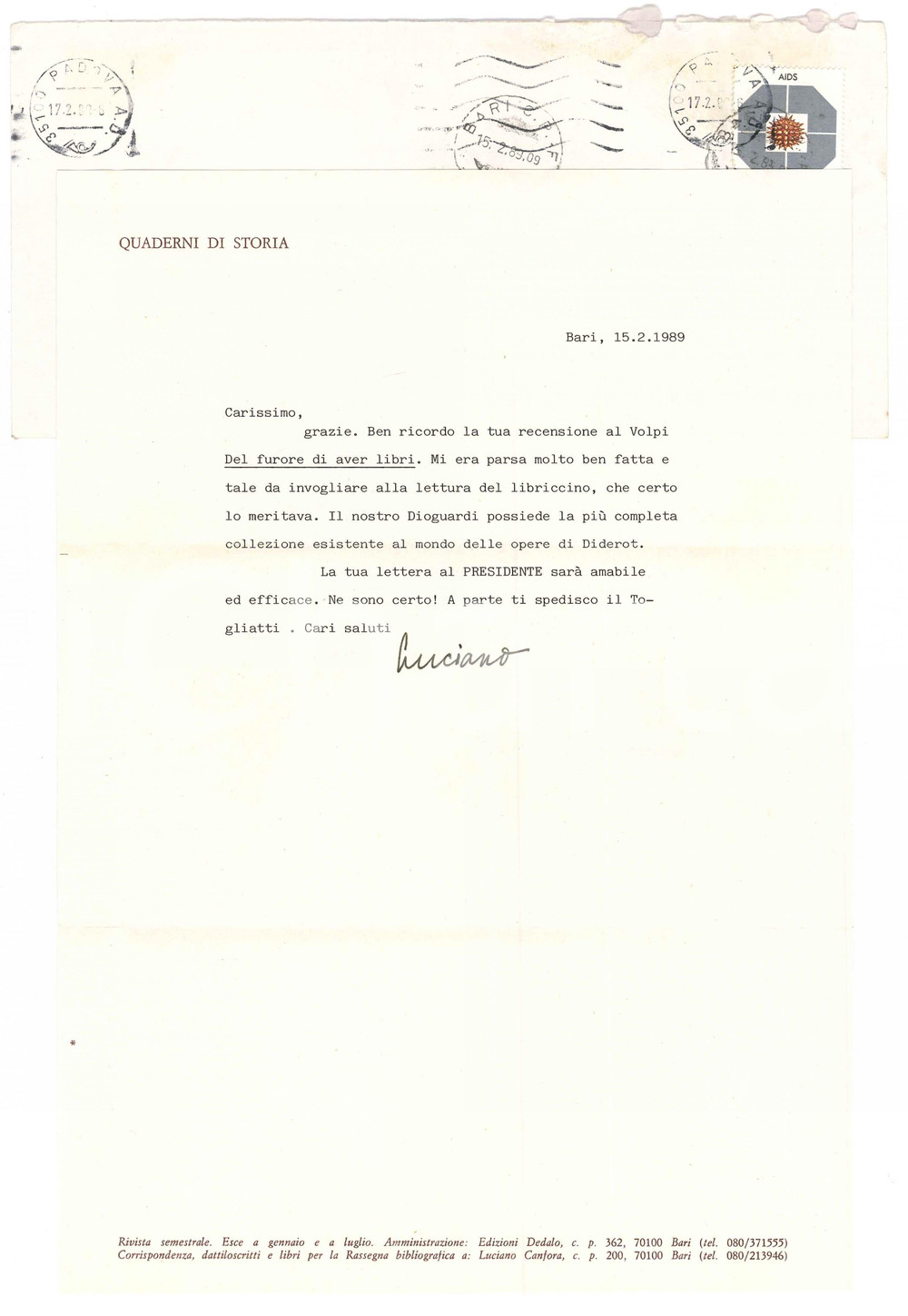 Autografo originale 1989 BARI Luciano CANFORA su Del furore di aver libri AUTOGRAFO 1