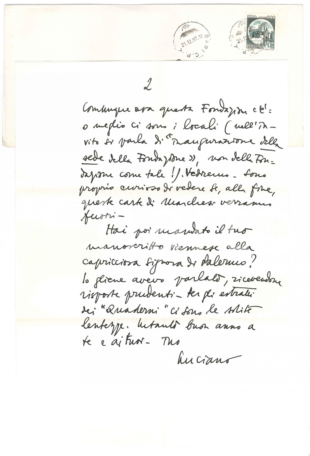 Autografo originale 1987 BARI Luciano CANFORA e la Fondazione Franceschini AUTOGRAFO 1