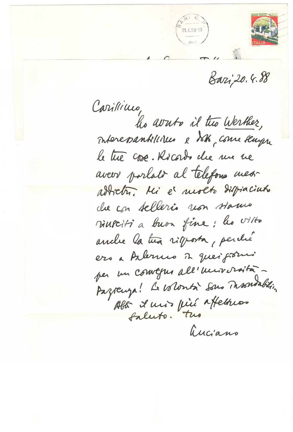 Autografo originale 1988 BARI Lettera Luciano CANFORA sul mancato accordo con Sellerio AUTOGRAFO 1