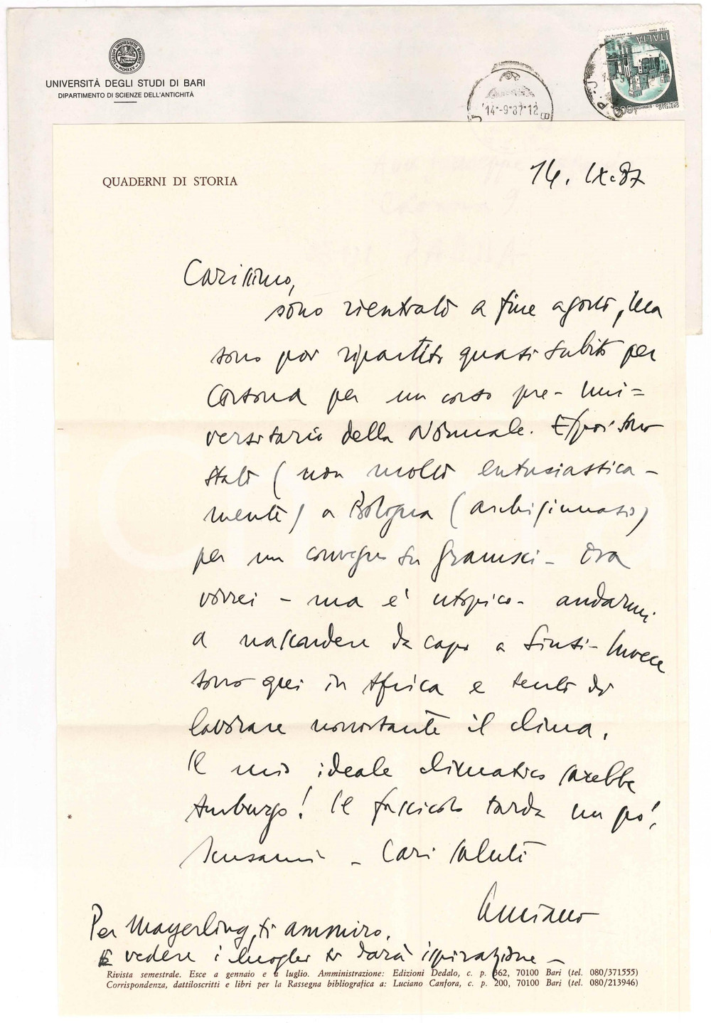 Autografo originale 1987 BARI Luciano CANFORA tenta di lavorare nonostante il caldo AUTOGRAFO 1