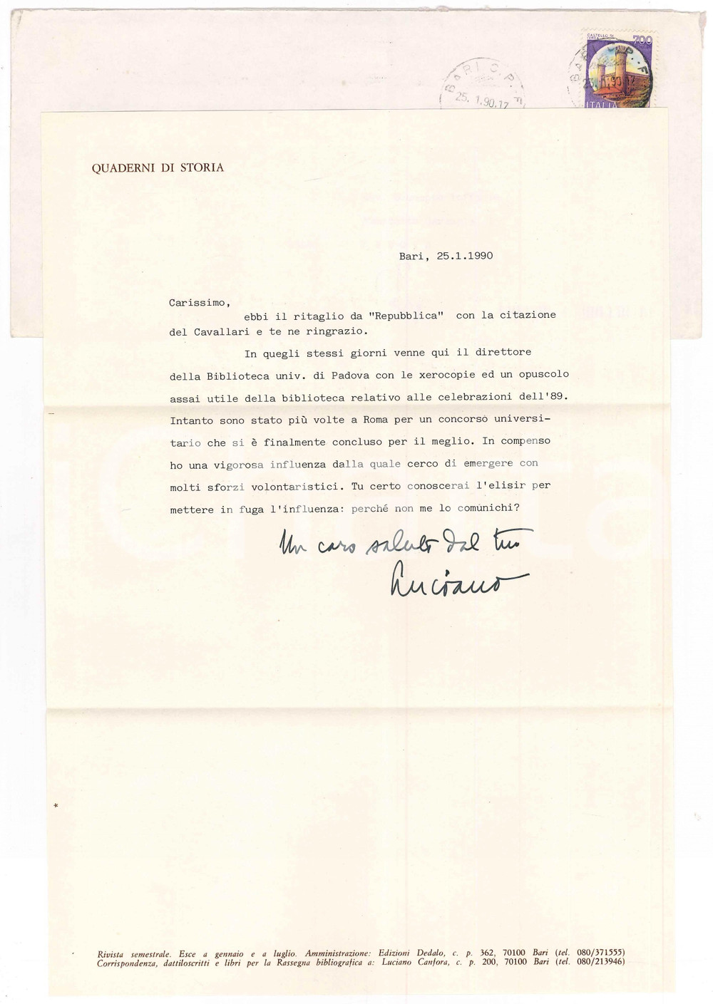 Autografo originale 1990 BARI Luciano CANFORA a Roma per un concorso universitario AUTOGRAFO 1