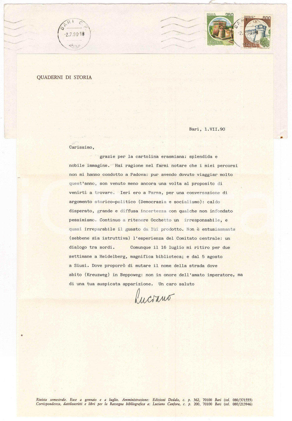 Autografo originale 1990 BARI Luciano CANFORA e la situazione politica non entusiasmante AUTOGRAFO 1