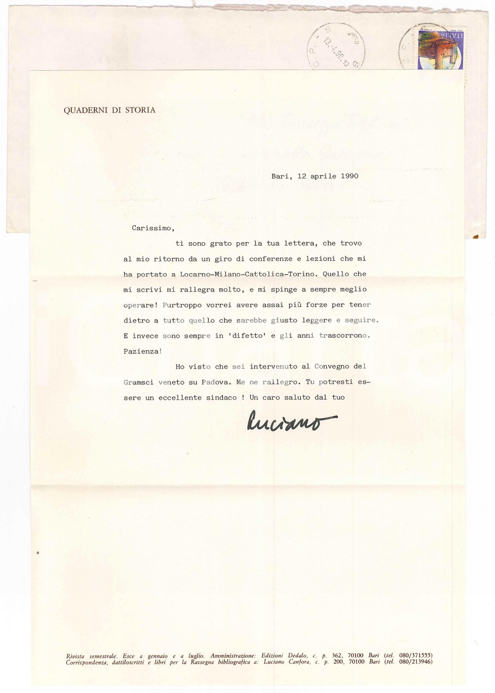 Autografo originale 1990 BARI Luciano CANFORA Sono in difetto e gli anni trascorrono AUTOGRAFO 1