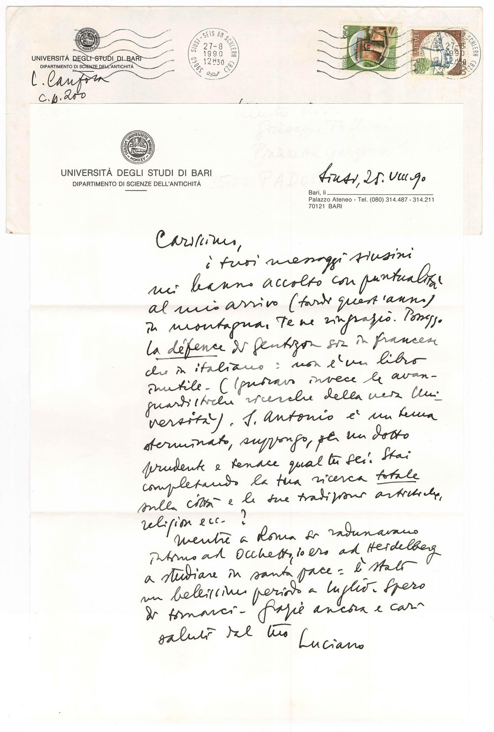 Autografo originale 1990 SIUSI Luciano CANFORA su DÃ©fense de l Italie di Gentizon AUTOGRAFO 1