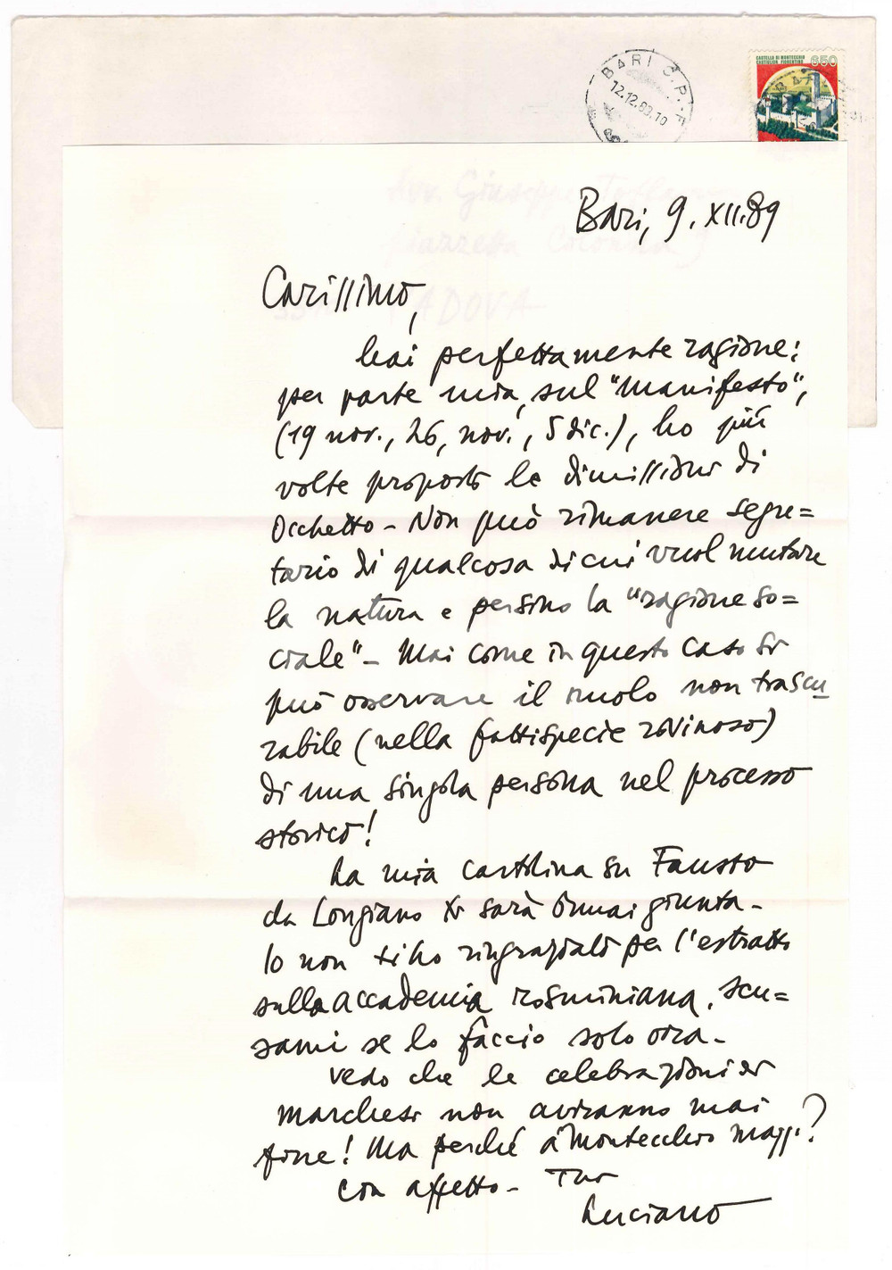 Autografo originale 1989 BARI Luciano CANFORA preme per le dimissioni di Achille Occhetto AUTOGRAFO 1
