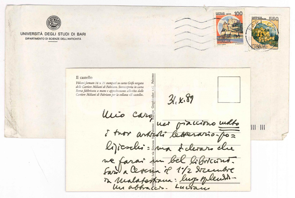 Autografo originale 1989 Cartolina Luciano CANFORA  Collana Il Castello SELLERIO Autografo 1