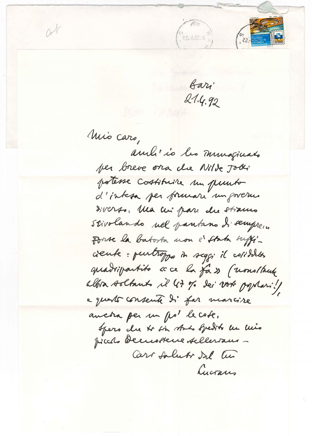 Autografo originale 1992 BARI Luciano CANFORA  e la speranza in Nilde Iotti AUTOGRAFO 1