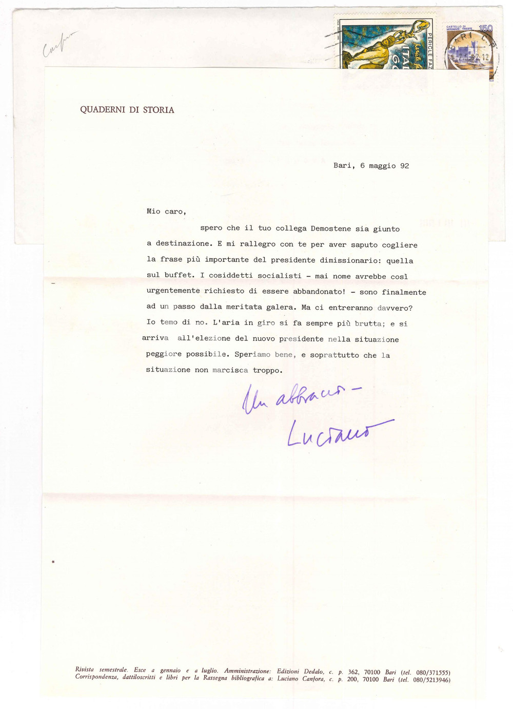 Autografo originale 1992 BARI Luciano CANFORA L aria in giro si fa sempre piÃ¹ brutta AUTOGRAFO 1