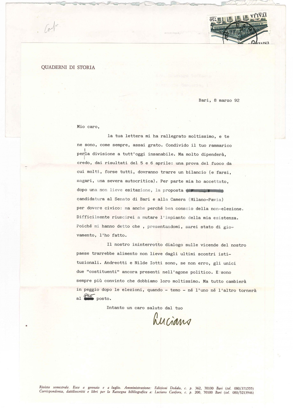 Autografo originale 1992 BARI Luciano CANFORA Dobbiamo molto ad Andreotti e Nilde Iotti AUTOGRAFO 1