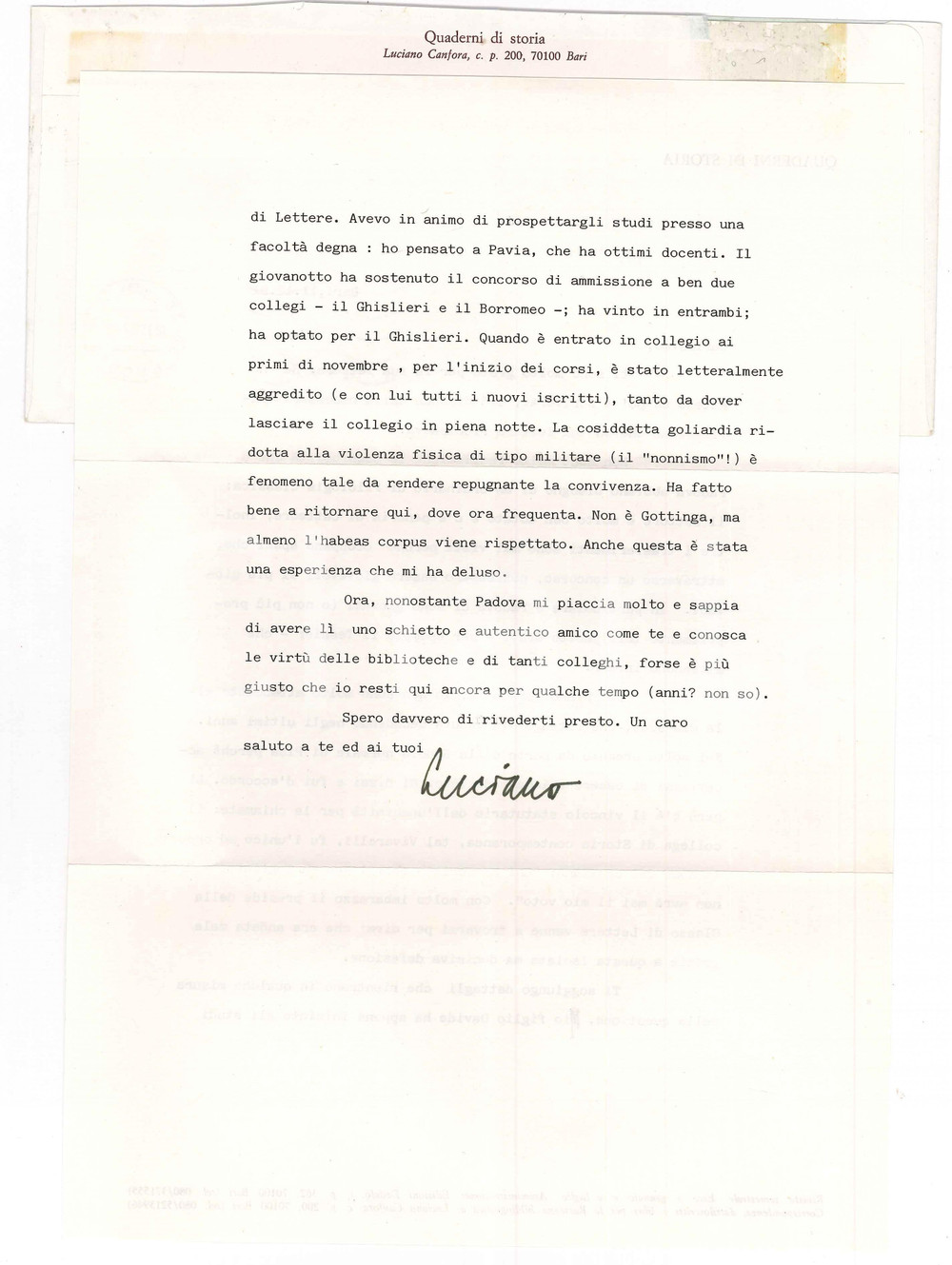 Autografo originale 1991 BARI Lettera Luciano CANFORA sulle cattedre a Padova AUTOGRAFO 1
