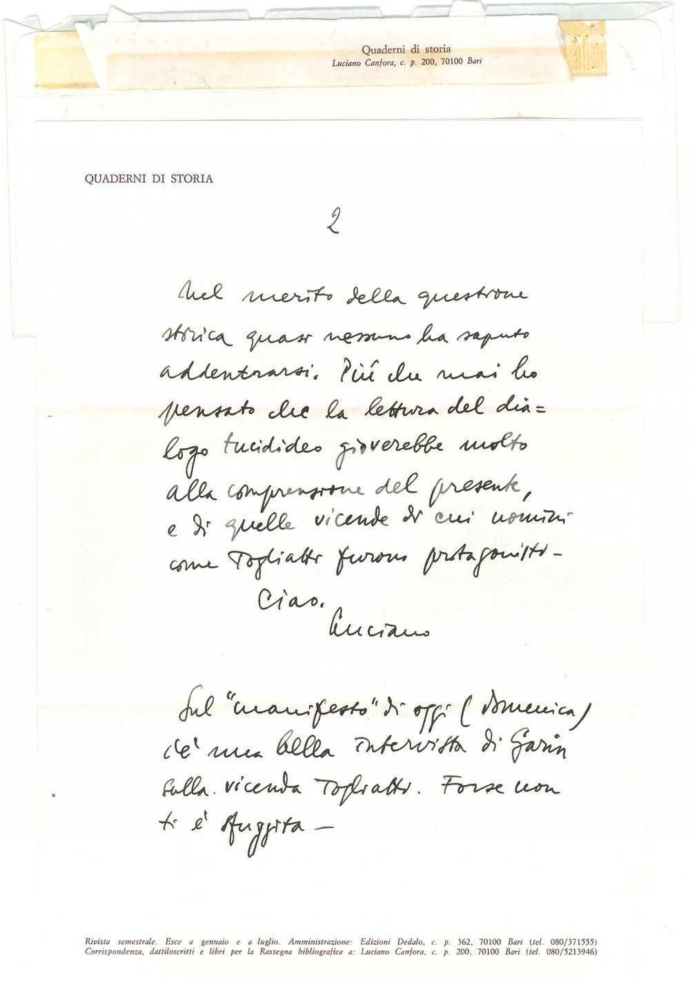 Autografo originale 1992 BARI Lettera Luciano CANFORA  Nilde Iotti esce trionfatrice AUTOGRAFO 1