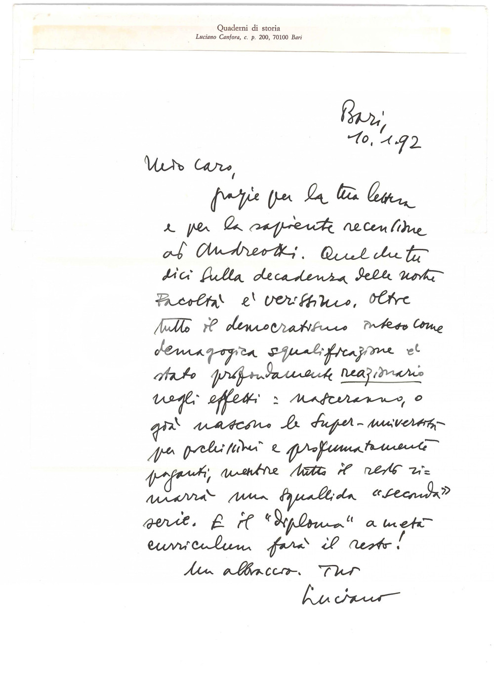 Autografo originale 1992 BARI Lettera Luciano CANFORA sulla decadenza delle universitÃ  AUTOGRAFO 1