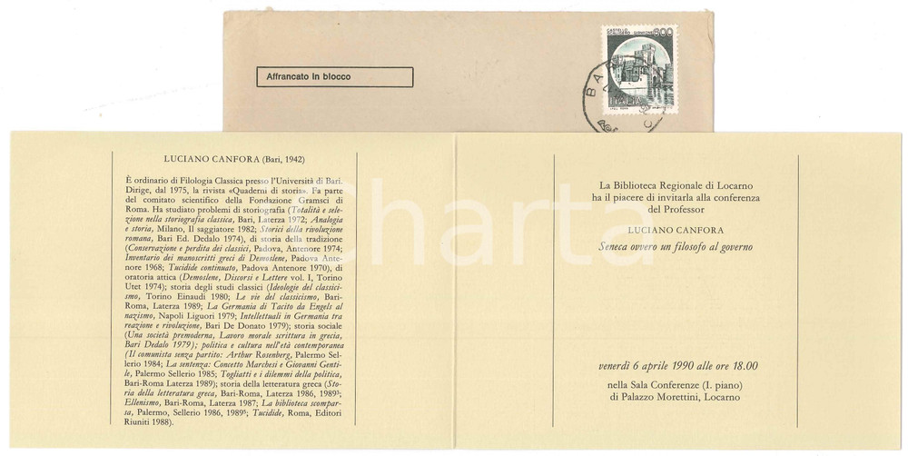 Autografo originale 1990 SVIZZERA LOCARNO Biblioteca Regionale  Invito conferenza Luciano CANFORA 1