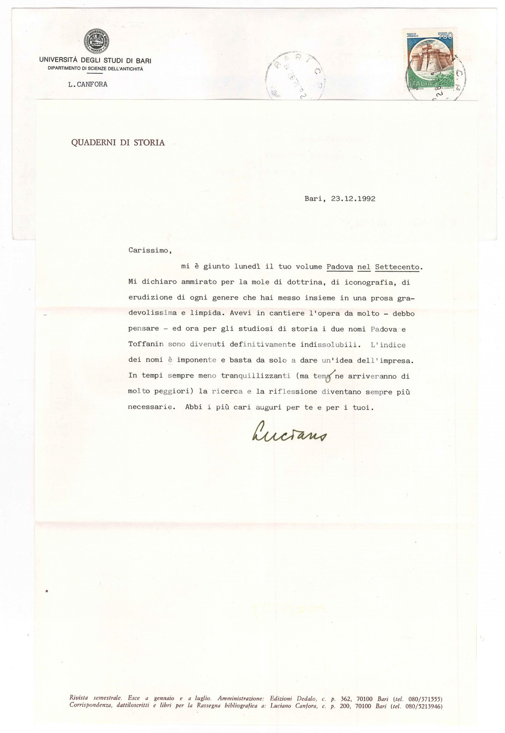 Autografo originale 1992 BARI Luciano CANFORA riceve volume sulla storia di Padova AUTOGRAFO 1