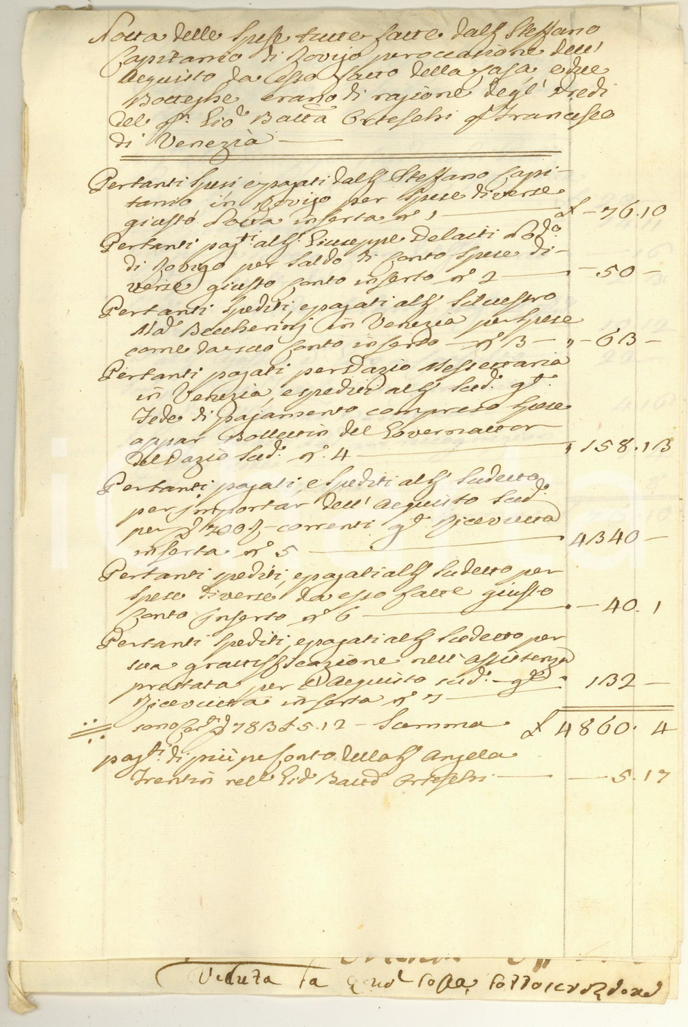 Documento originale, autentico 1789 ROVIGO Spese di Stefano CAPITANIO per acquisto casa e botteghe Lotto 1
