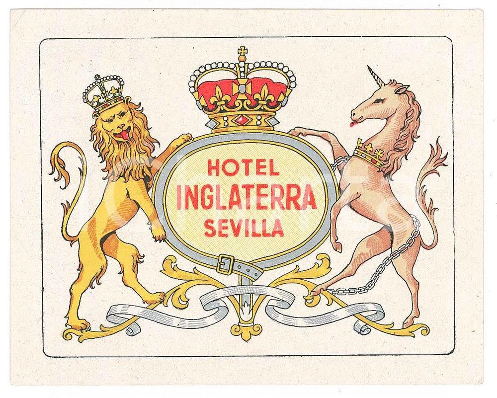 Materiale pubblicitario d’epoca 1960 ca SEVILLA Hotel Inglaterra  Etichetta illustrata 9x7 cm 1