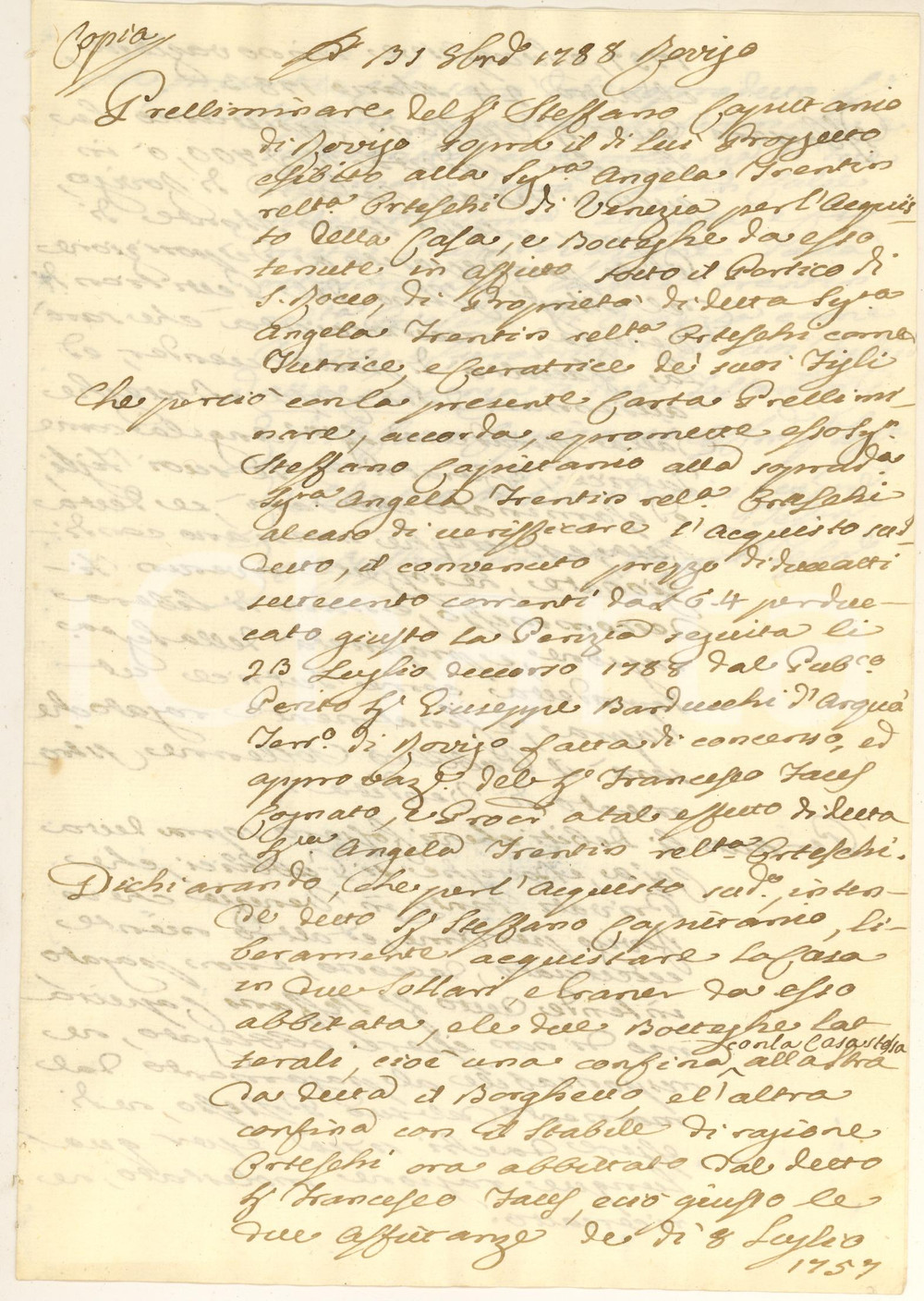 Documento originale, autentico 1788 ROVIGO Preliminare di vendita Stefano CAPITANIO Angela TRENTIN Manoscritto 1