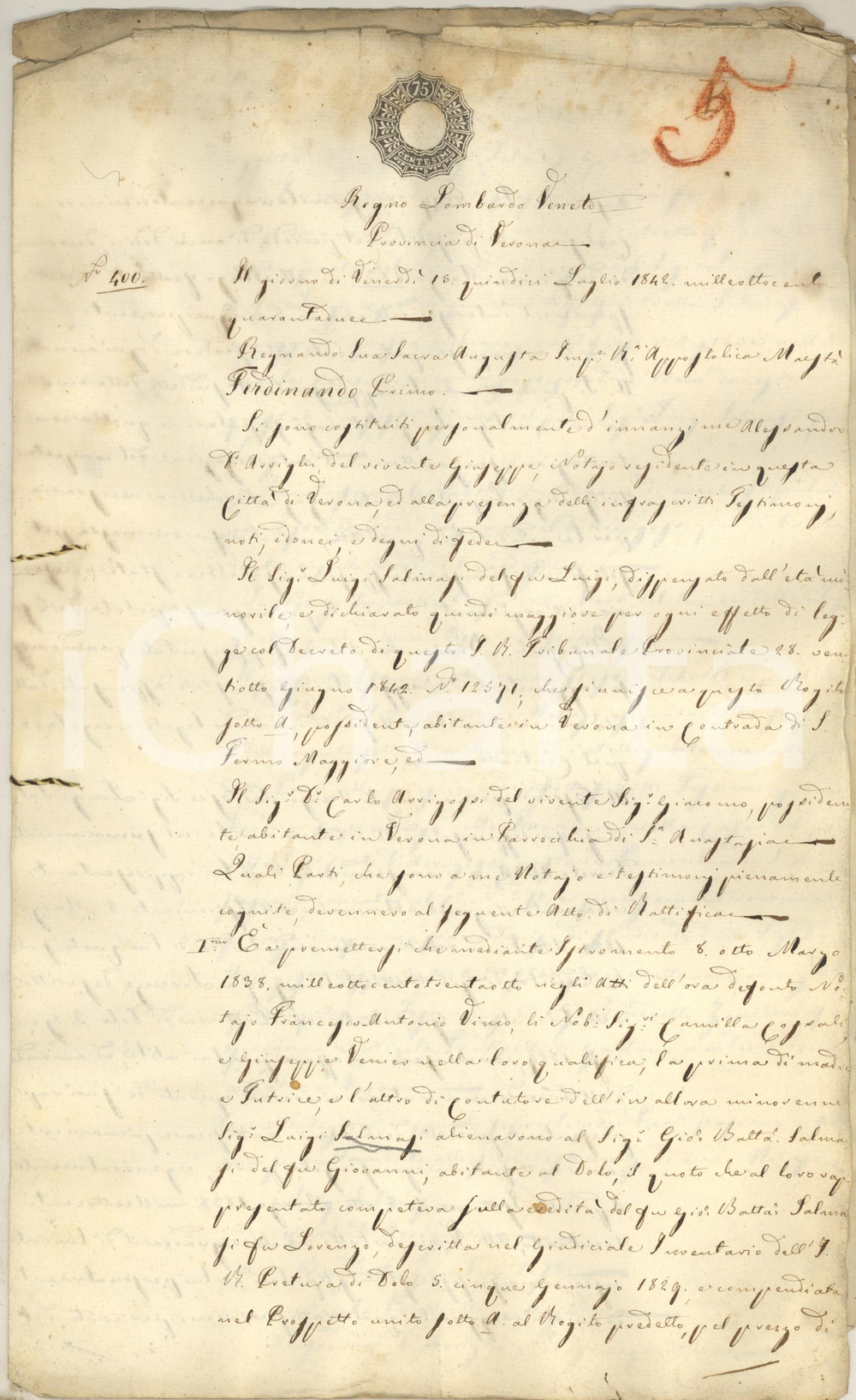Documento originale, autentico 1842 VERONA Intestazione di proprietÃ  a Giovanni Battista SALMASI Manoscritto 1