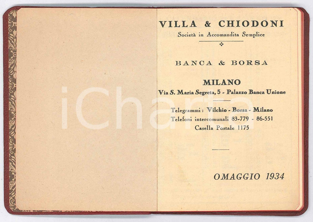 Oggetto da collezione cartaceo 1934 MILANO via S. Maria Segreta  VILLA & CHIODONI  Calendario Banca & Borsa 1
