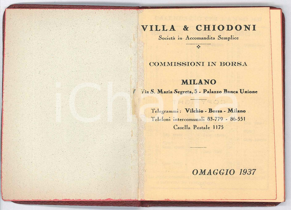 Oggetto da collezione cartaceo 1937 MILANO via S. Maria Segreta  VILLA & CHIODONI  Calendario Banca & Borsa 1