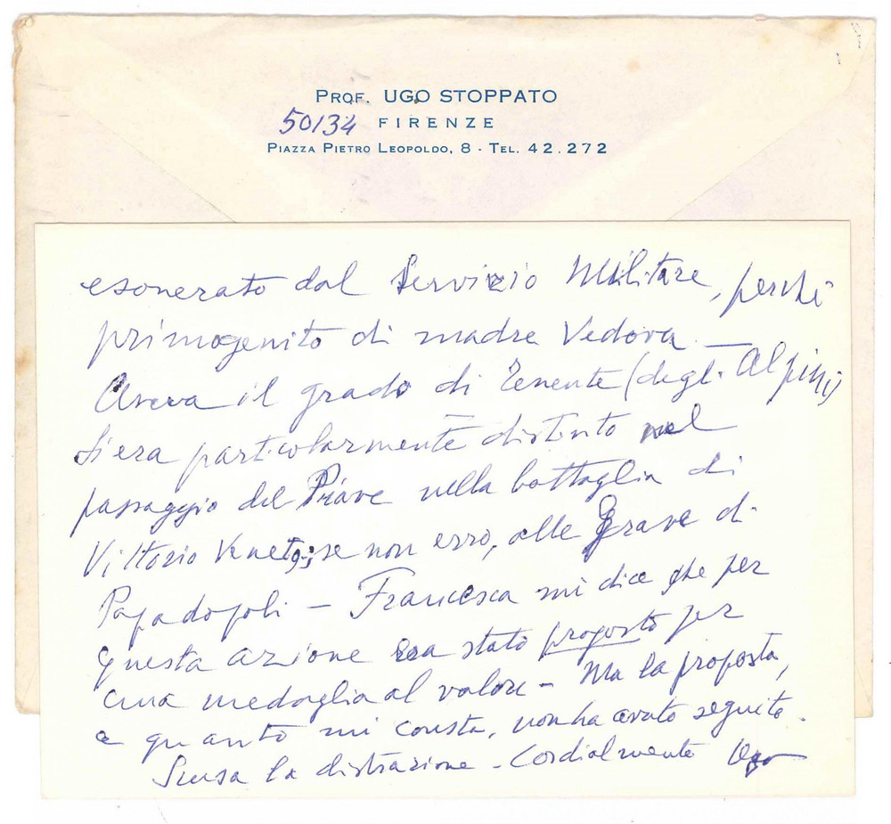 Autografo originale 1968 FIRENZE Biglietto Ugo STOPPATO sulla vita del fratello Gino AUTOGRAFO 1