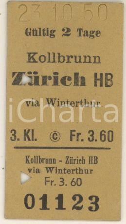 Documento originale, autentico 1950 SWITZERLAND Treno KOLLBRUNNZURICH  Biglietto 1