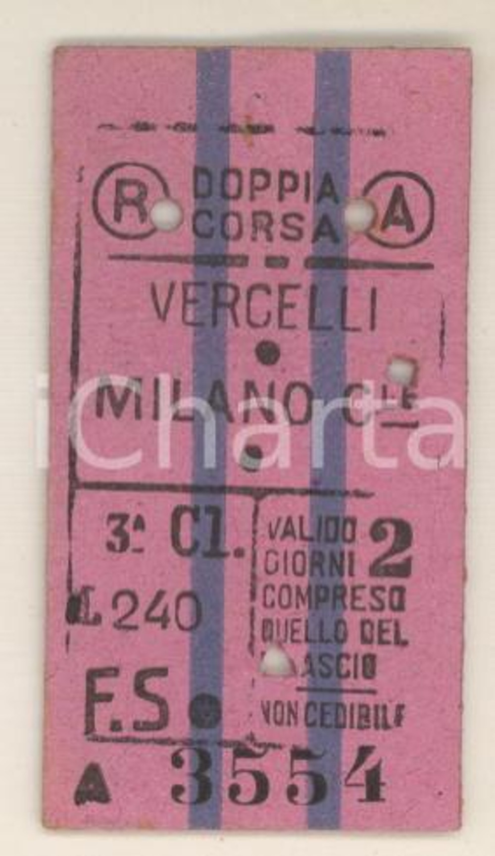 Documento originale, autentico 1946 FERROVIE DELLO STATO Treno VERCELLIMILANO Centrale  Biglietto 1